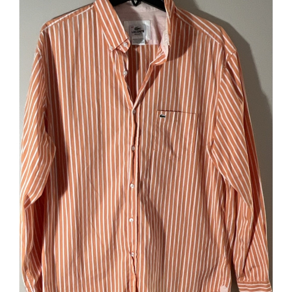 Lacoste Men's Regular Fit Long‎ Sleeve Button-Down Shirt Orange White Stripe 44